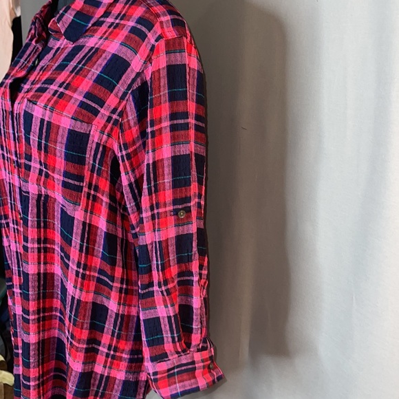 1X Intro Plaid Print Puckered Woven Long Roll-Tab Sleeve Button-Down Shirt - Picture 4 of 13